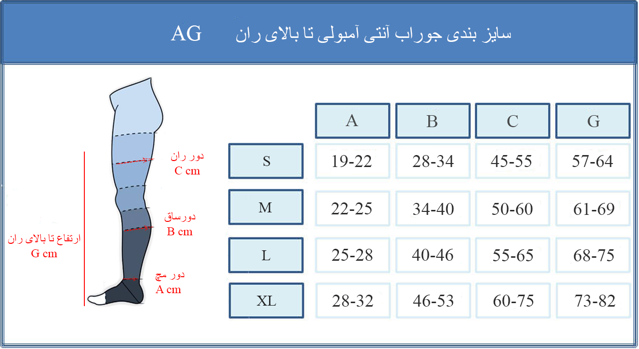 جدول سایز بندی جوراب آنتی آمبوای تا بالای ران